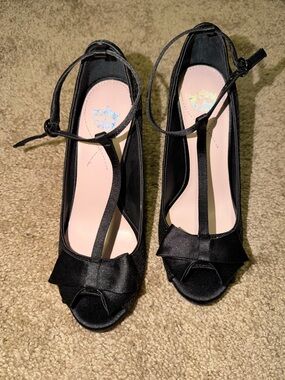 Women’s Black Satin & Sparkly T-Strap Peep Toe Heels